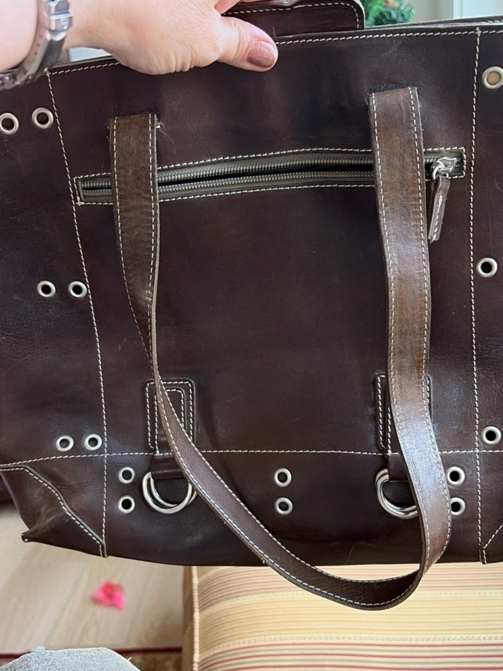 Women's Brown Leather Grommet Tote Bag